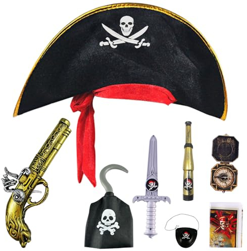 Piraten Zubehör Set 8 Stück Piraten Thema Pretend Party Spielzeug Kinder Party Cosplay Piratenkostüm Kinder Zubehör mit Piratenhut, Schwert, Pistole, Augenklappe, Kompass, Piratenhaken, Karte Fernglas