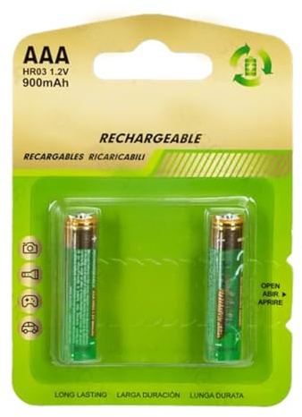 Batteria ricaricabile HR03 (AAA) 900 mAh 1,2 V, confezione da 2 pezzi, ideale per dispositivi elettronici e giocattoli.