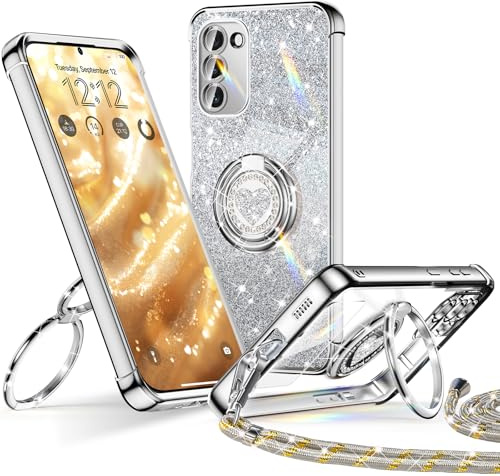 XYZ für Samsung Galaxy S20 FE Hülle mit Band, Herzen Doppelring Ständer | Luxus Glitzer HandyHülle Kameraschutz, Frauen Stoßfest Elektroplattiert Case Soft TPU SchutzHülle Clear, Silber
