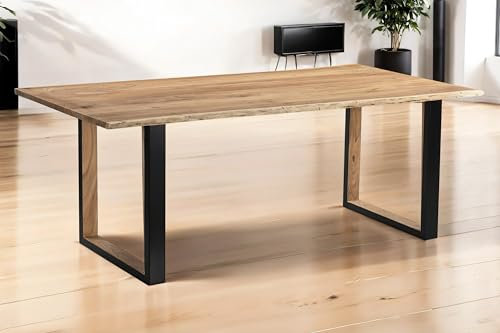 SAM Baumkantentisch 200 x 100 cm Brisbane, Akazienholz massiv + naturfarben, Esstisch mit schwarzem U-Gestell aus Metall + Holz-Inlet Innen, echte Baumkante, pflegeleichter Esszimmertisch