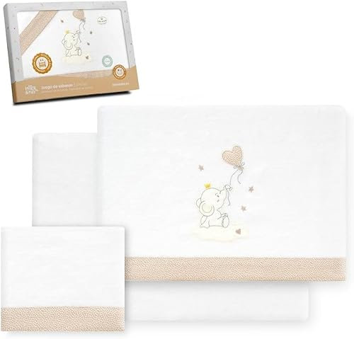 Danielstore | Juego de sábanas Cuna Franela Modelo Elefante Globo Corazón BCO Beig 60x120 cm | 3 Piezas, 100% algodón, hipoalergénico | Suave, cálido, fácil Lavado | Invierno, Confort para bebé