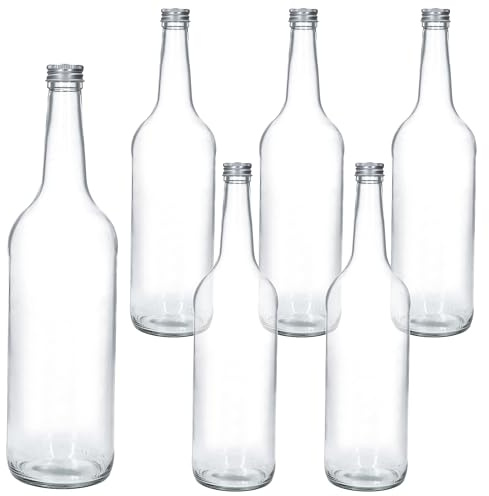 MamboCat 6er Set Geradhalsflasche 1 Liter + Schraubverschluss Silber I nachhaltige Glasflasche mit Schraub-Deckel 1000 ml I Zum Befüllen für Saft, Wasser, Öl, Dressing & Co