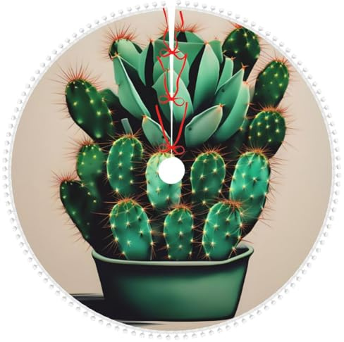 Impresión artística de cactus suave de doble capa para decoración de árbol de Navidad, falda de árbol de Navidad con ribete de pompón