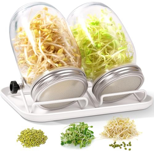 FoiiLiio Barattolo Germogliatore Set, 2 x 1000ml Germogliatore in Vetro, 2 Coperture, 2 Supporti e 1 Bianco Vassoio, Kit di Barattoli per Germogliamento di Semi per Broccoli Germ