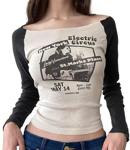 Geagodelia Women's Long Sleeve Top Ladies Gothic Graphic Going Out T-Shirt Y2K Fashion Grunge Aesthetic Clothes Outfit Streetwear Clubwear