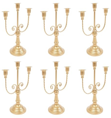 6 Stück Kerzenständer 3-Armig Metall Eisen Kerzenhalter für Stabkerzen, Kandelaber Kerzenleuchter für Kegelkerzen Party Hochzeit Tisch Mittelstücke Dekor (Gold)