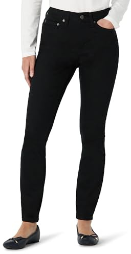 Amazon Essentials Damen Hochelastische Skinny-Jeans Mittelhoher Bund, Schwarz, 44 Kurz