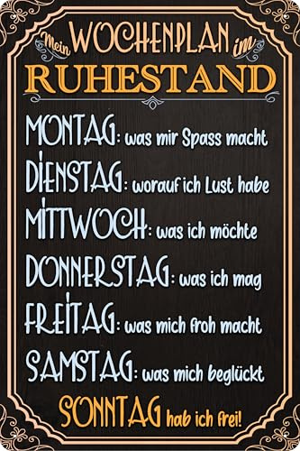 LUCKYLINDE, 30 x 20 cm wetterfestes Blechschild für Rentner, lustiger Spruch: „Wochenplan Ruhestand“