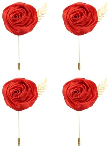 QUARKZMAN 4 Stück Rote Rosen Ansteckblumen Knopflöcher Taschenanstecker Pins mit Blatt für Hochzeitszeremonie Jubiläum Abschlussball Formelles Abendessen Party (4,7 x 2 Zoll)