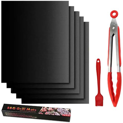 12-Inch BBQ Tongs with Silicone Tips, 5-Pack Non-Stick Fiberglass Grill Mats (400x330mm), and Silicone Basting Brush – Heat-Resistant, Food-Grade, Easy-Clean BBQ Accessories Set [Red]