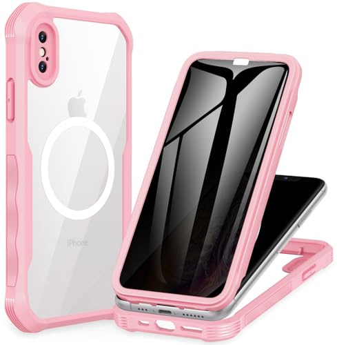 CENHUFO Sichtschutz Hülle für iPhone X/iPhone XS, Kompatibel mit MagSafe Eingebautem Privacy Panzerglas Displayschutz, 360 Grad Handyhülle Magnetisch Schutzhülle Panzerhülle Stoßfest Case - Rosa
