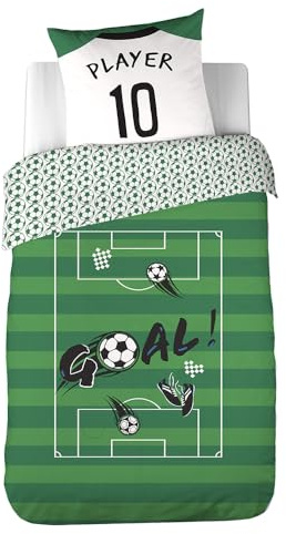CÔTE DECO Parure de Lit Foot - Housse de Couette 140x200 cm + 1 Taie d'oreiller 63x63 cm - Motif Terrain, Ballon et Goal - Ensemble Literie Garçon 100% Microfibre - 2 Pièces