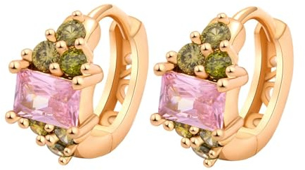 Tolldek Pendientes de mujer de oro de 14 quilates, cristal rosa y granate, clásicos, corte rectangular, pendientes estilo Art Nouveau 585 auténticos