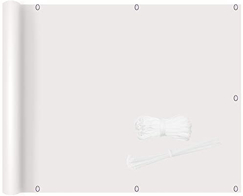 Paravento per balconi esterni, 0,85 x 6 m, protezione UV, con occhielli, corde e cravatte, per ringhiere da giardino, colore bianco, perfetto per il divertimento del patio e della terrazza
