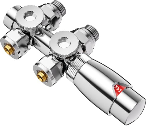 PESENXAN Multiblock Set für Heizkörper Anschlussarmatur mit Thermostat, Hahnblock Heizkörper Ventil Eck- und Durchgangsform 50mm, Heizkörperventil für Badheizkörper Heizungszubehör (G1/2,Chrom)