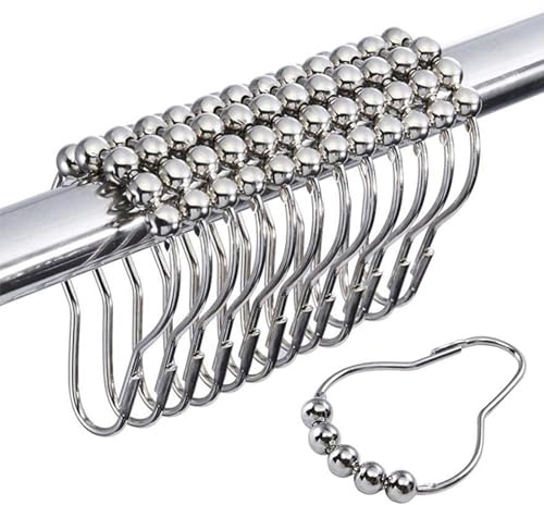 12 PCS Shower Curtain Hooks, Silver Stainless Steel Shower Curtains Rings with Roller Balls, Rust-Resistant, Heavy-Duty Closure, Suitable for Standard Bathrooms