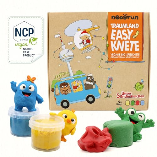 neogrün Bio-Knete Traumland für Kinder, ungiftig, ab 1 Jahr, 4 x 120g | Sandmännchen-Edition, Spielknete und Modelliermasse, extra weich, lufttrocknend, vegan, mit Pflanzenfarben und Bio-Rohstoffen