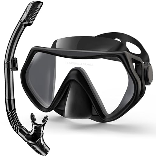 Schnorchelset Erwachsene, Schnorcheln Set mit Anti-Fog Taucherbrille und Dry Schnorchel, Professionelle Schnorchelmaske Tauchmaske aus Gehärtetem Glas für Schnorcheln (Black)