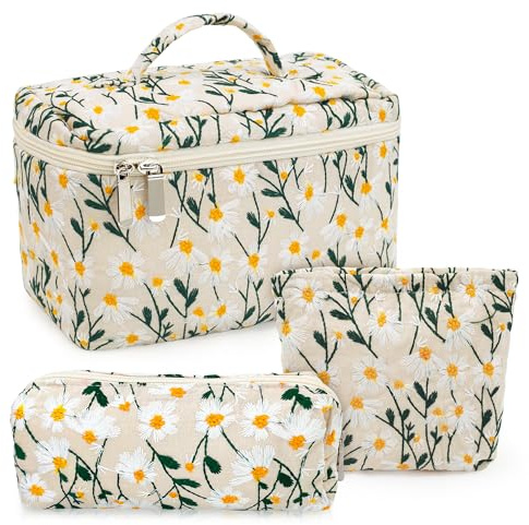 SHEPIN 3er Set Kosmetiktasche Damen Kulturtasche Schminktasche Stickerei Gänseblümchen Waschtasche Reise Kosmetikbeutel Make Up Toiletry Bag Beautycase Kulturbeutel Geschenk für Frauen Mädchen (Beige)