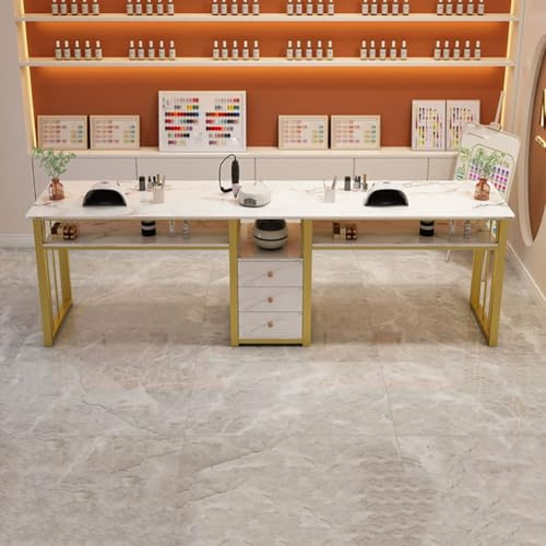 PA-DABAOO Mesa De Manicura Para Varias Personas, Escritorio De Manicura Con Textura Marmolada Y 3 Cajones, Estructura De Acero, Diseño De Almacenamiento De Doble Capa, Mobiliario De Salón.,200cm