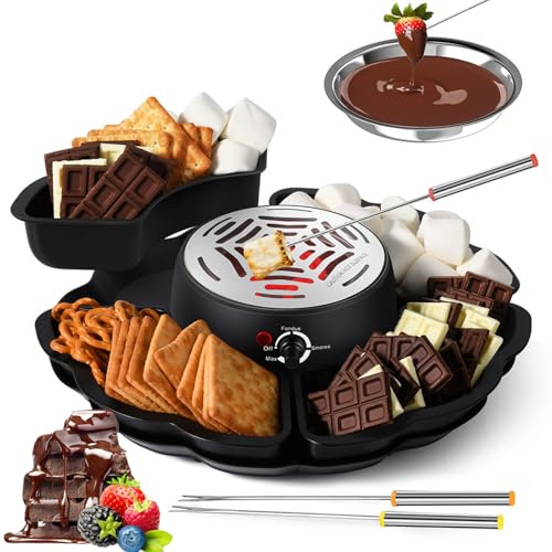 Chocolate Fondue Kit - 2 in 1 Set with 4 Detachable Trays, 4 Roasting Forks, Adjustable Temperature, 340ml Bowl, Overheating Protection - Ideal for Kids Birthday Parties