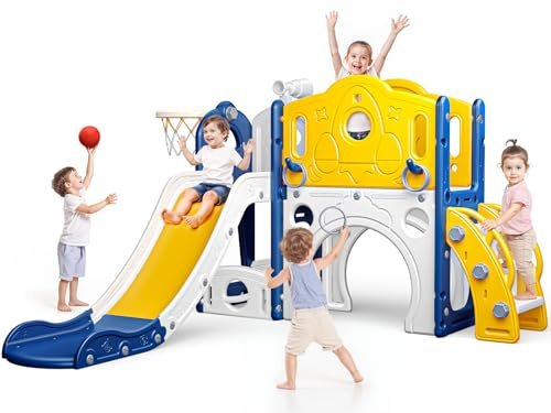 Naxudcoo Kids Slide: Large Toddler Slide With Basketball Hoop, Blue Slides For Toddlers Age 1-3 Toddler Climber Slides Playset With Storage Space, Indoor Outdoor Toy For Toddlers 1-3 Year (Large)