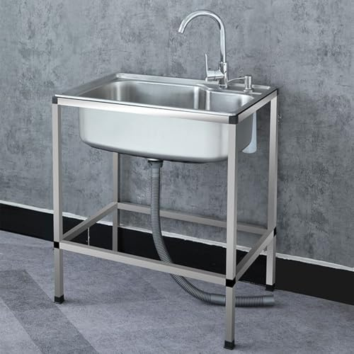 Évier utilitaire autonome en acier inoxydable à 1 compartiment avec robinet d'eau chaude et froide, station de lavage extérieure pour garage et jardin, 70 x 46 x 75 cm