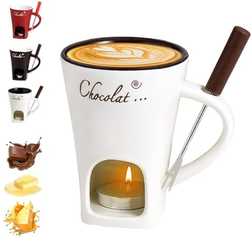 Fondue Mug Chocolate Melting Cup with Forks,Hot Chocolate Cups,Ceramic Butter Warmers Pot Set,Fondue Heated with a Tealight, Warmer Mug for Candy Snack Caramel Party (White)