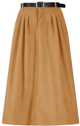 GMQWRK Faldas de pana para mujer, faldas plisadas al frente con cinturón negro, falda vintage de cintura alta para otoño, invierno, primavera, oficina, trabajo, salir, caqui, L