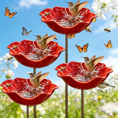 Blumen Gartenstecker Vogeltränke Keramik, 2-in-1 Futterschale ＆ Vogeltränke Blume, Stabile & Windfeste Insektentränke Garten, bienentränke Keramik für Bienen, keramikblüten für Bienen Draußen (4)