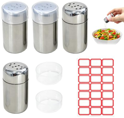 Zlokdraxy 4 Stück Mini Salzstreuer für Unterwegs, 15ml Edelstahl mit Deckel, Mini Gewürzstreuer Camping, geeignet für Küche, Restaurant, Camping & Grillabende (4 S-Loch)