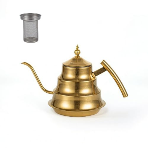 GiaoRosi Stainless Steel Teapot Kettle with Strainer Vintage Pot Polished Metal Body Rust Resistant Construction Stable Base Suitable for Breakfast Service, Array, Retro Gold, Retro
