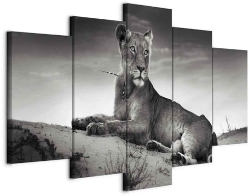 B&D XXL - Wandbilder XXL Löwe 200x100cm 5 tlg - Wand Deko Leinwand Bilder Groß Wanddeko Wohnzimmer Schlafzimmer Kunstdrucke - Tiere Natur Afrika Savanne Porträt grau 030216-4