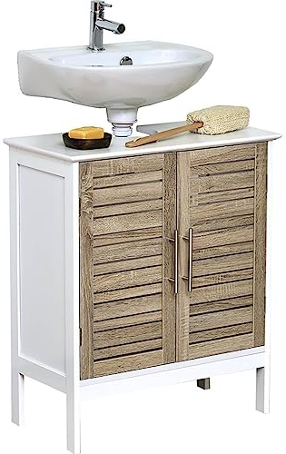Tendance Mueble para Colocar Debajo del Lavabo Stockholm, 2 Puertas y 1 Estantería, Color Blanco/Roble, 60 x 30 x 70 cm
