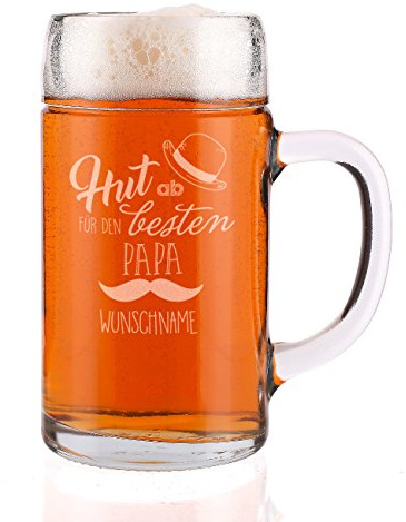 Herz & Heim® Maßkrug mit Gravur speziell zum Vatertag 1 l - Hut ab für den besten Papa