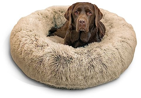 Best Friends by Sheri The Original Calming Donut - Coussin pour Chat/Chien - Fourrure à Poils Longs/Housse zippée Amovible - Taupe - 91 x 91 cm - L