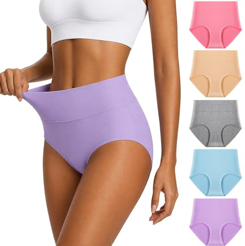 Anntry Ropa Interior de algodón Confort para Mujer de 5 Calzones de Cintura Alta Controlar de la Panza Bragas de Estiramiento de Las señoras (Multicoloured-1, L)