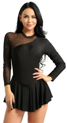 Freebily Damen Eiskunstlaufkleid Langarm Glänzend Strass Mesh Ballettkleid Eislaufen Skating Kleid Tanz Trikot Sportbody Gymnastikanzug
