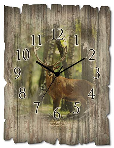 ARTLAND Wanddeko Wanduhr ohne Tickgeräusche aus Holz Quarzuhr 30x40 cm Rechteckig Lautlos Natur Tiere Hirsch Wald Landschaft Originell Nordisch T5YP