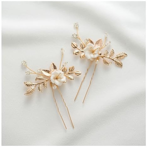 SWEETV 2Pcs Bridal Hair Accessories,Gold Wedding Hair Pins Pieces With White Flowers for Brides