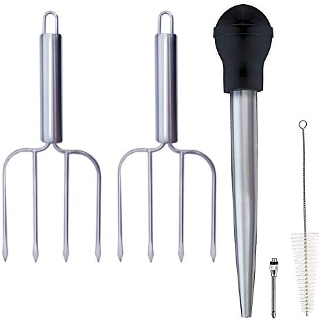 Stainless Steel Turkey Baster and Poultry Lifters Fork Set of 2. Food Grade Stainless Steel and Rubber. Dishwasher-Safe
