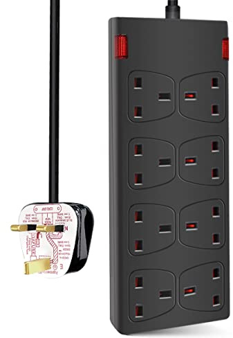 ExtraStar 8 Way Extension Lead 13A Fused Power Strips UK Plug with Indicator Light (1M, Black)