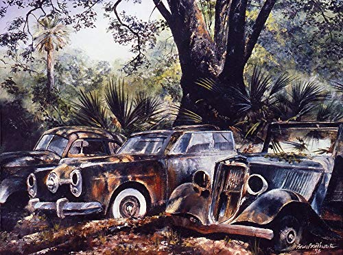 Feeling at home LEINWANDDRUCK im SCHATTENFUGENRAHMEN Alte Carnegie-Autos Braithwaite Bruce - Landschaft horizontal Kunstbilder im Holzrahmen cm_40_X_56