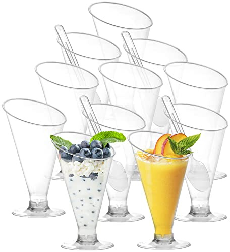 Foraineam 100 Pack Clear Dessert Cups with Spoons, 4 oz Disposable Plastic Champagne Flutes Cocktail Glasses, Reusable Parfait Appetizer Cup Mousse Cups for Home Gatherings, Events, Parties, Weddings