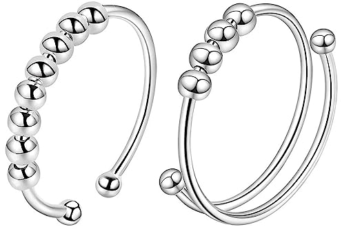 VELESAY Argento Sterling 925 Anello con Perline Antistress Anelli Spinner con Perle Anelli Sottili Regolabili Impilabil Fidget Anello Antistress Ruota Liberamente