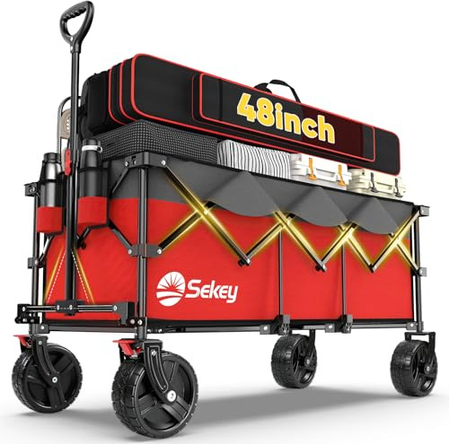Sekey 48''L Collapsible Foldable Extended Wagon with 660lbs Weight Capacity, Heavy Duty 300L Folding Utility Garden Cart with Big All-Terrain Beach Wheels & Drink Holders. Red&Grey