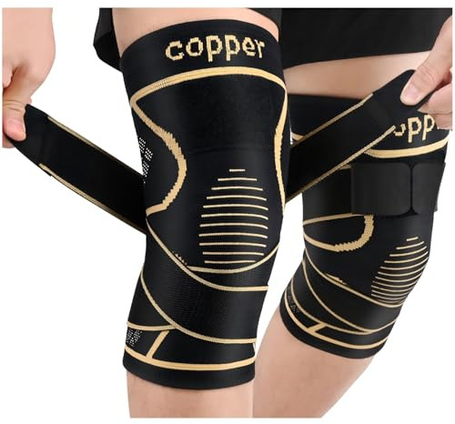 JHVW Copper Knee Brace for Women Men 2-Pack, Knee Compression Sleeve with Straps, Knee Braces for Knee Pain, Knee Support for Running Working