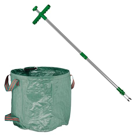 Relaxdays Unkrautstecher mit Gartenabfallsack, selbststehend, wasserdicht, Unkrautausstecher Langer Stiel, 99 cm, grün
