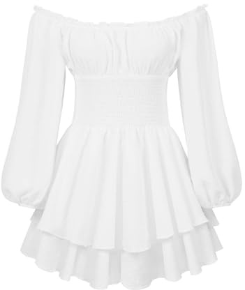 Miolasay Women Puff Ruffle Dress Built-in Shorts Lace Boat Neck Long Sleeve Flouncing Bodysuit Off Shoulder Long Sleeve Layered Short Dress