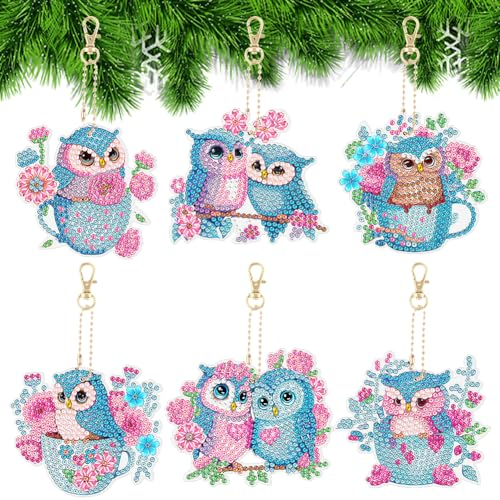 AUAUY Diamond Painting Portes-Clés, 6PCS 5D DIY Peinture Diamant Portes-Clés Pendentif, Hibou Diamond Art Keychain Pendentif pour Sac à dos Sac à main Décoration, Cadeau de Garçon Filles